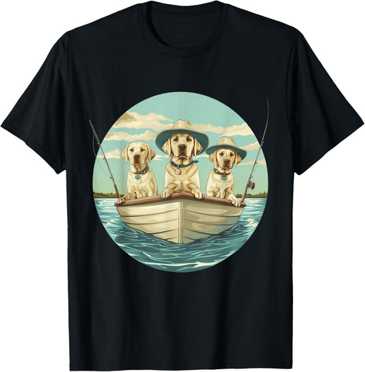 Cute Yellow Labrador Retriever Dogs Fishing Boat Lake Dog T-Shirt