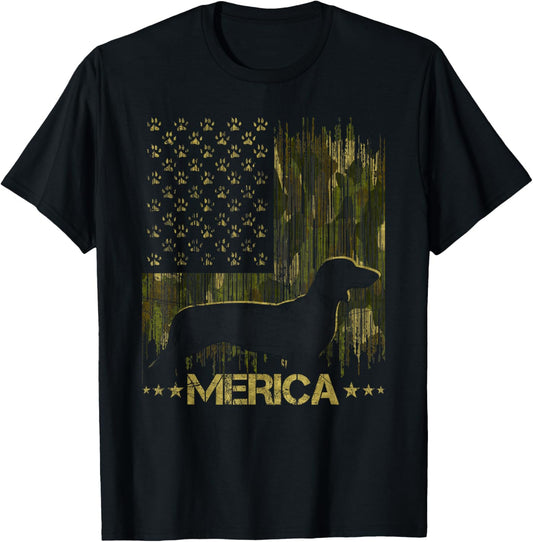 Vintage Camouflage USA Flag Merica Dachshund Dog Silhouette T-Shirt