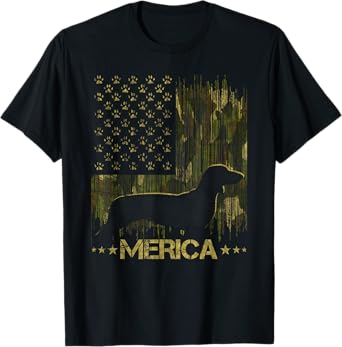 Vintage Camouflage USA Flag Merica Dachshund Dog Silhouette Men Women Kids T-Shirt