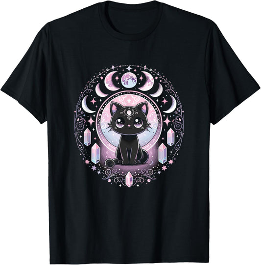 Moon Phases Crystal Witchy Cute Black Cat Kawaii Pastel Goth T-Shirt