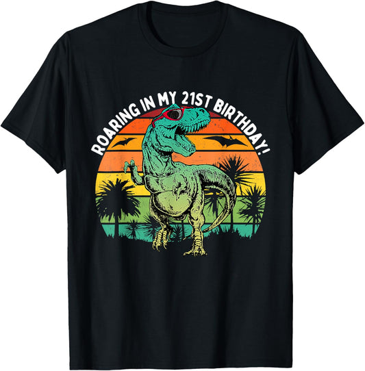 Roaring in My 21st Birthday Retro T-Rex Dinosaur 21 Year Old T-Shirt