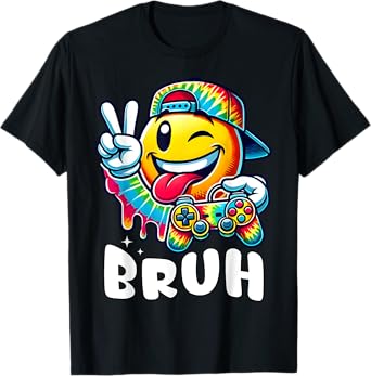 Groovy Tie Dye Gaming Funny Bruh Boys Smile Peace Sign Gamer T-Shirt