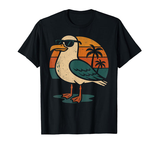 Cool Seagull With Sunglasses Retro Beach Sunset T-Shirt