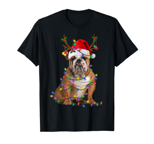 Funny English Bulldog Dog Tree Christmas Lights Xmas Pajama T-Shirt for Men Women Kids