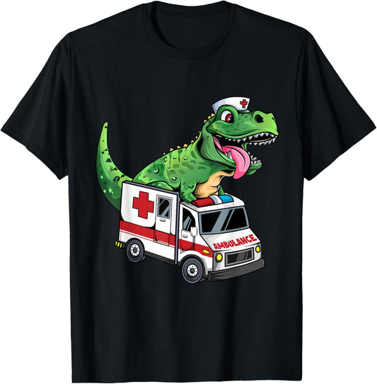 EMT Dinosaur Paramedic Funny Dino T-Rex Riding Ambulance T-Shirt