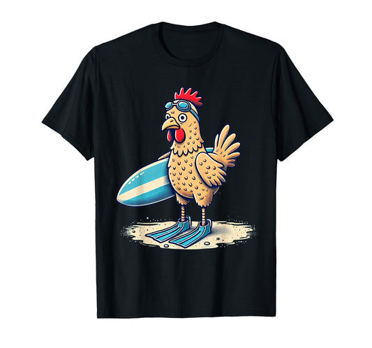 Funny Surfing Chicken with Flippers Beach Design T-Shirt