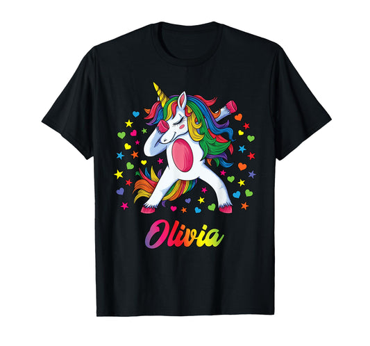 Olivia Dabbing Unicorn Rainbow Personalized Name Custom T-Shirt