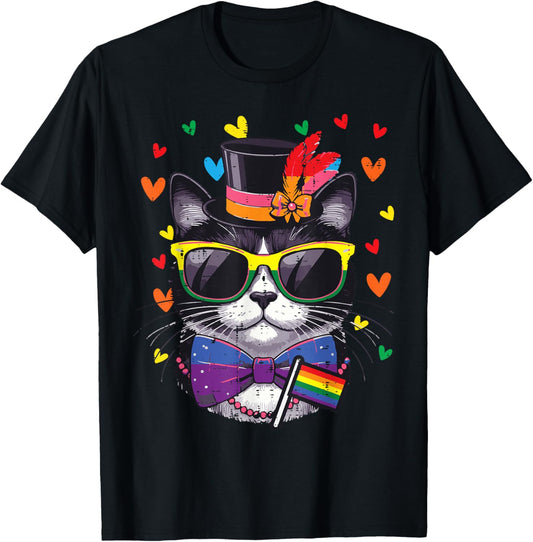Gay Pride Month Cat Tuxedo LGBTQ Ally Rainbow Flag Men Women T-Shirt