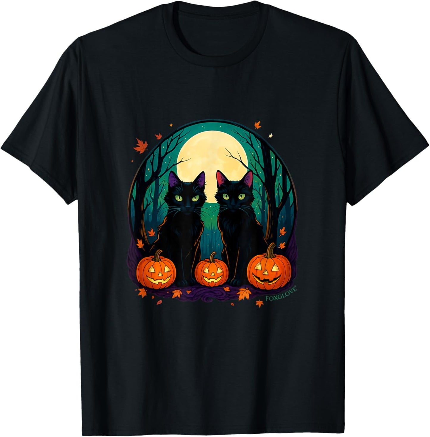 Black Cats with Pumpkins under Full Moon on Halloween T-Shirt