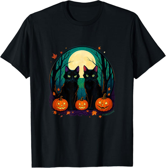 Black Cats with Pumpkins under Full Moon on Halloween T-Shirt