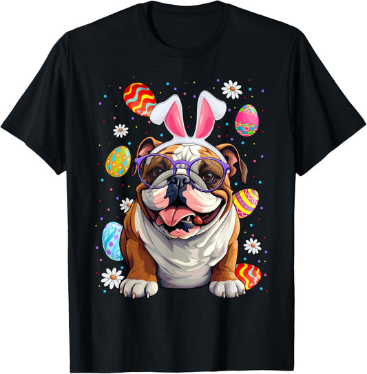 Cute English Bulldog Dog With Bunny Ears & Egg Easter Day T-Shirt