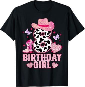 Happy 8th Birthday Girl Outfit Rodeo Western Cowgirl Cowboy T-Shirt