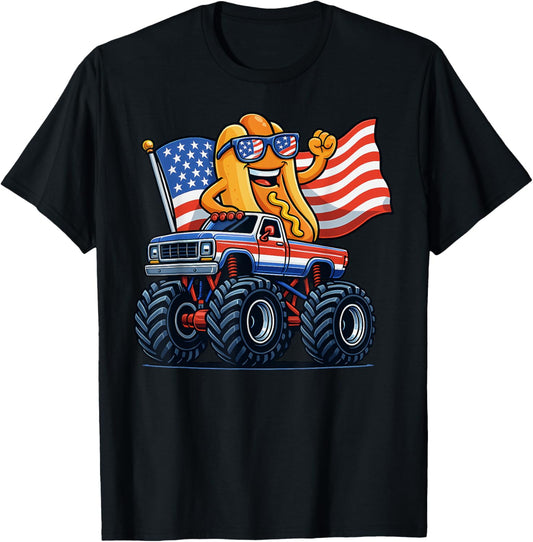 4th Of July Monster Truck Hot Dog American Flag Men Boy T-Shirt