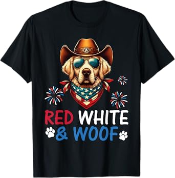 Golden Retriever Cowboy Costume Fireworks Red White and Woof T-Shirt
