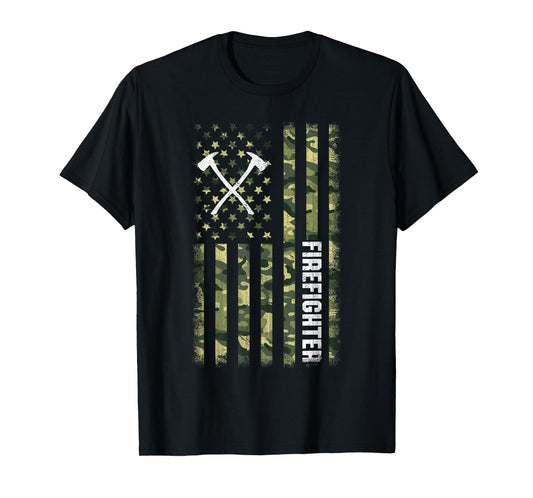 Camo American Flag USA Camouflage Patriotic Firefighter T-Shirt