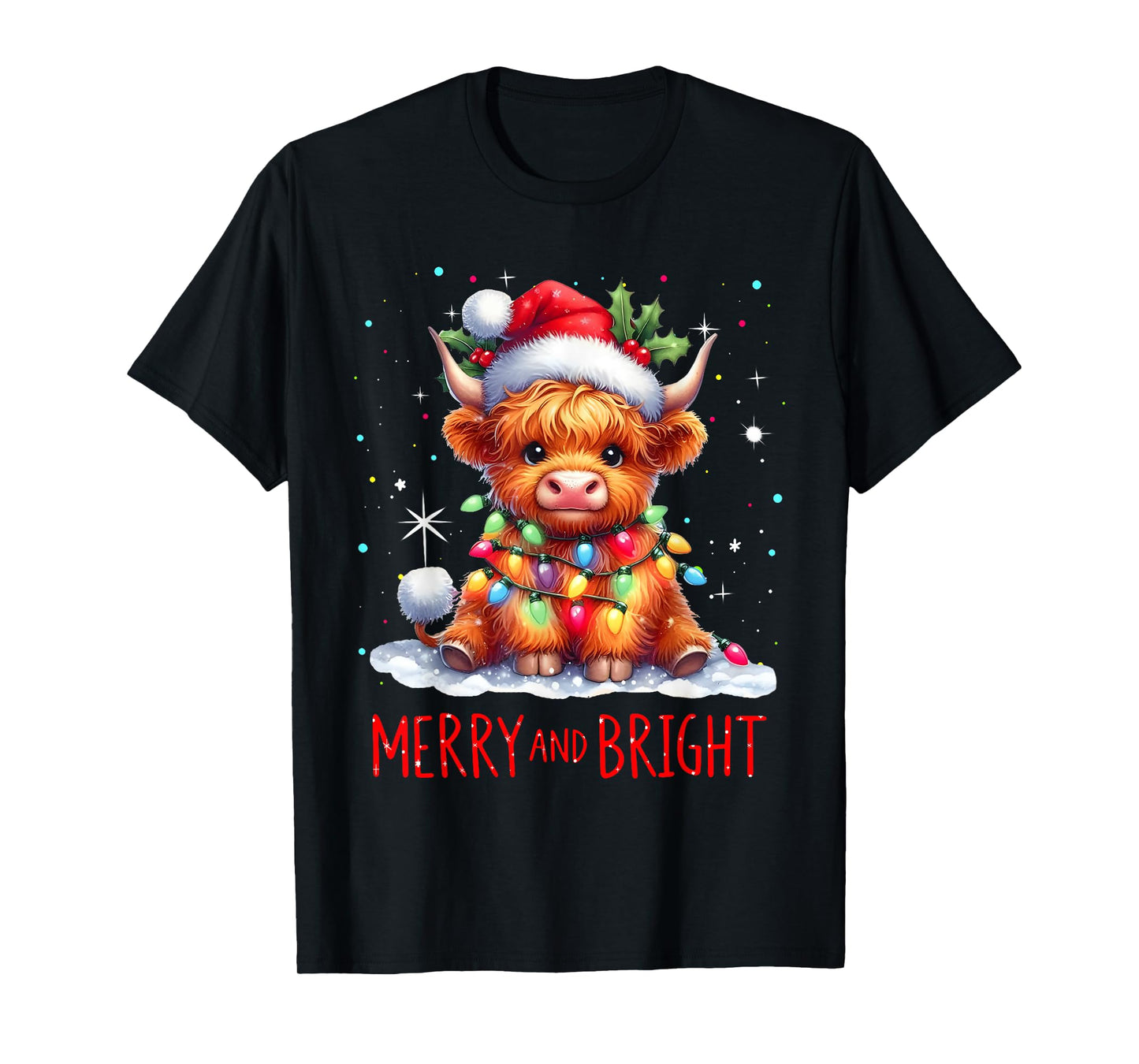 Cute Highland Baby Cow Christmas Lights Merry & Bright Xmas T-Shirt