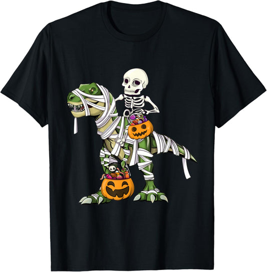 Funny Mummy Dinosaur Trex Halloween Riding Skeleton Pumpkin T-Shirt