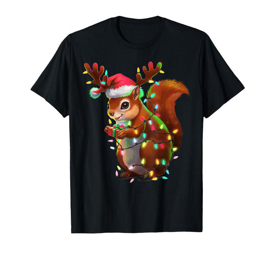 Christmas Squirrel Lights Santa Hat Xmas Family Men Women T-Shirt