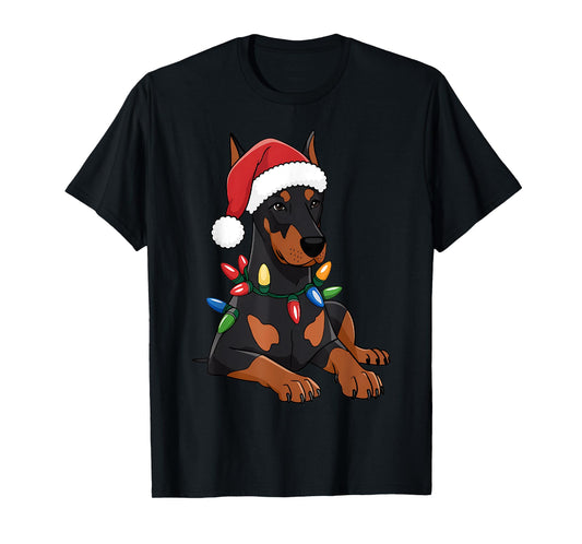 Doberman Santa Christmas Lights Dog Lover Xmas Men Women T-Shirt