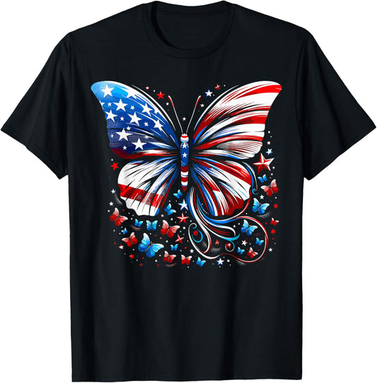 Butterfly USA Flag Cute 4th Of July Funny American Butterfly T-Shirt