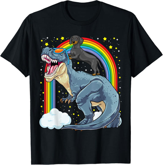 Dachshund Riding Dinosaur T-Rex Dog Rainbow Dino Funny T-Shirt