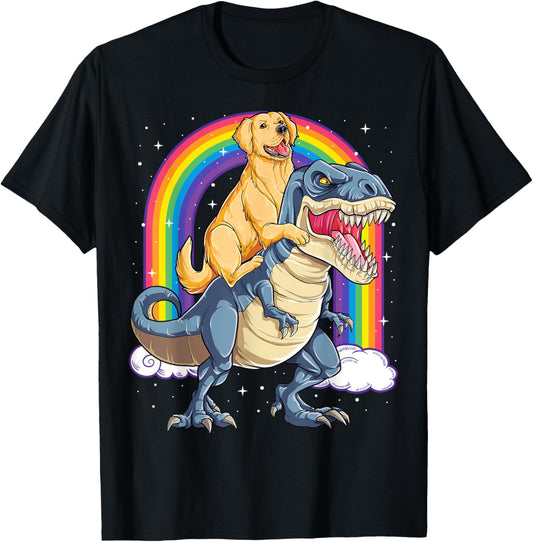 Golden Retriever Riding Dinosaur T-rex Gifts Boys Rainbow T-Shirt