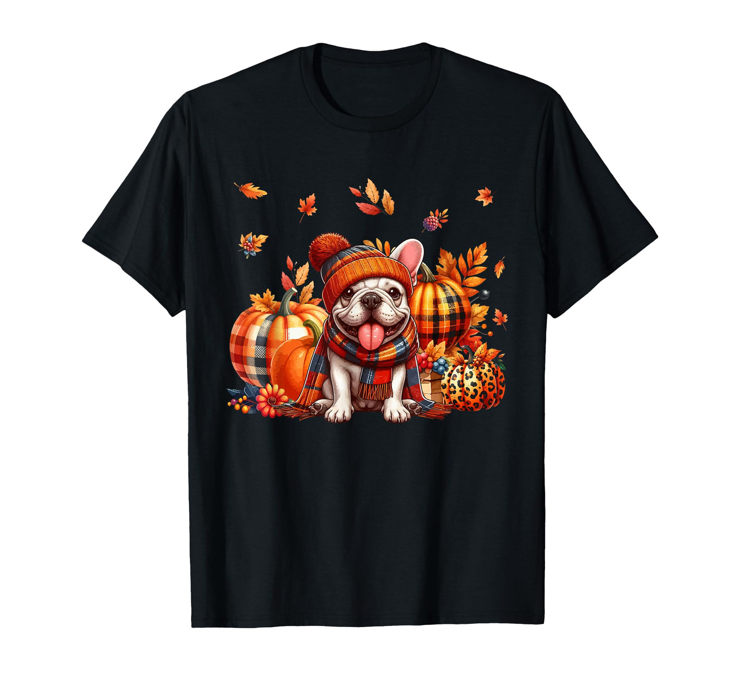 French Bulldog Thanksgiving Leopard Pumpkins Fall Leaves T-Shirt