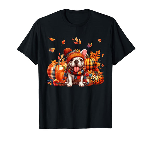French Bulldog Thanksgiving Leopard Pumpkins Fall Leaves T-Shirt