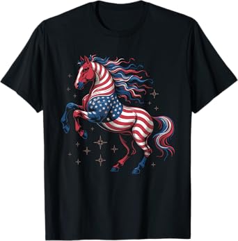 Funny 4th Of July Patriotic Horse Graphic American Flag T-Shirt