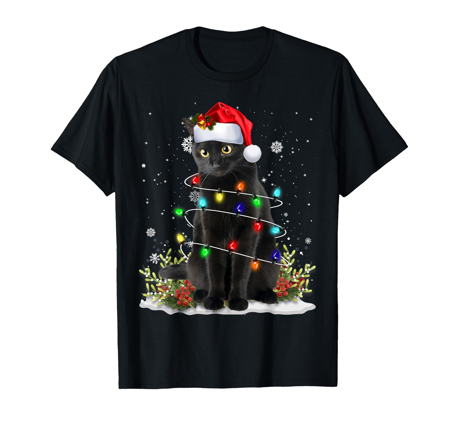 Black Cat Christmas Santa Hat Funny Meowy Cats Women Men T-Shirt