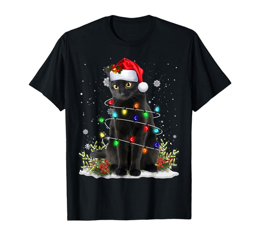Black Cat Christmas Santa Hat Funny Meowy Cats Women Men T-Shirt