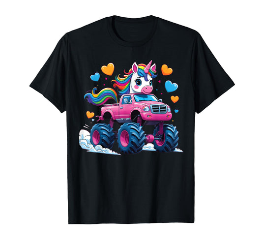 Funny Cute Unicorn Riding A Pink Monster Truck Unicorn Girl T-Shirt