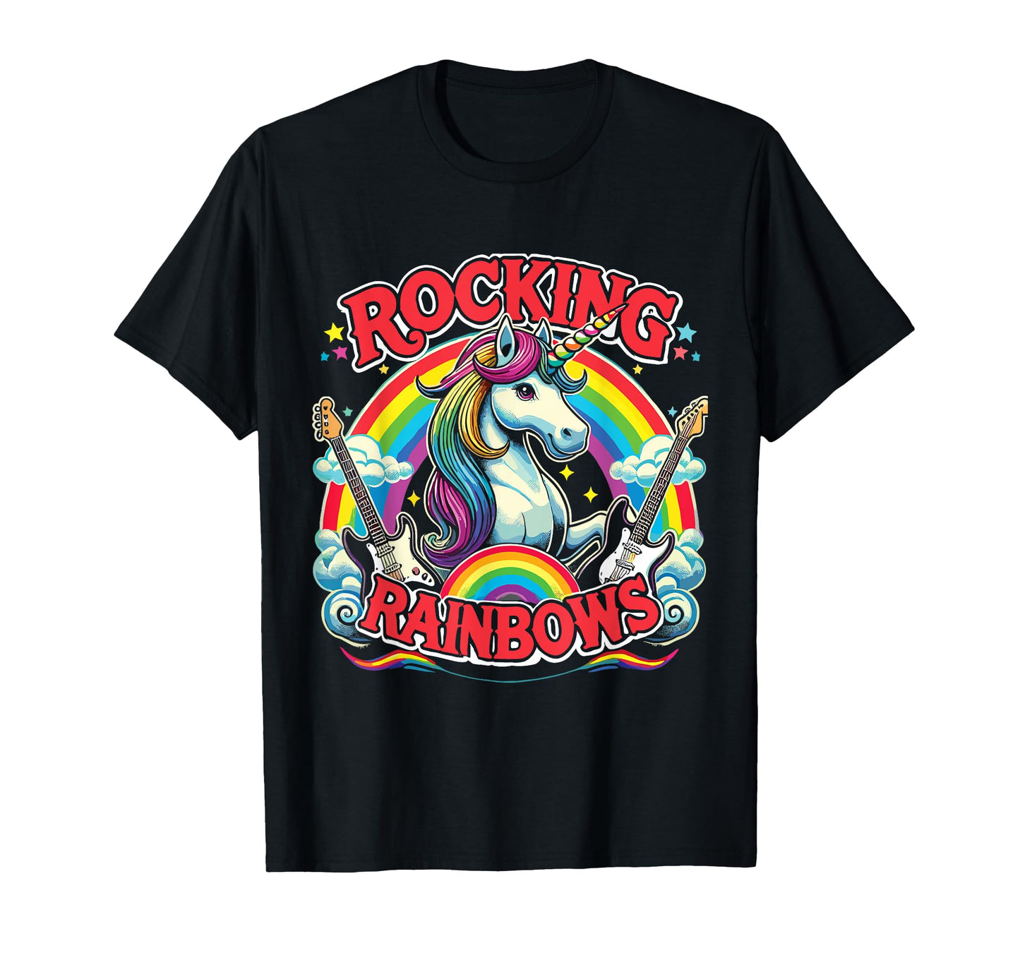 Rock Star Rock And Roll Rocking Rainbows Unicorn Guitar T-Shirt