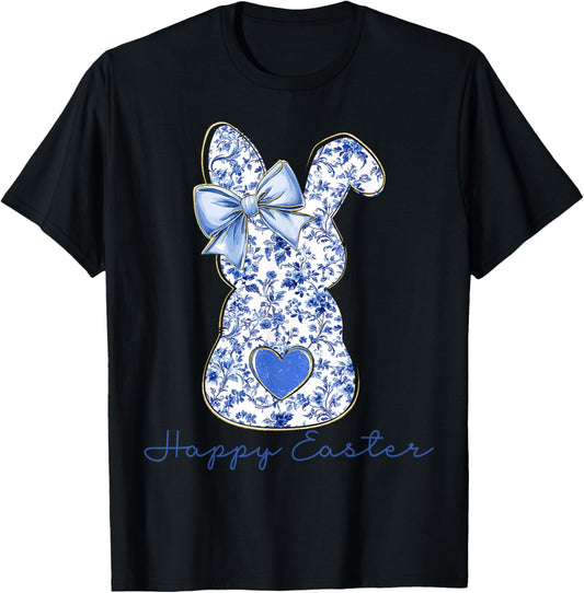 Happy Easter Chinoiserie Floral Bunny Cute Blue Bow Coquette T-Shirt