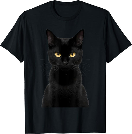 Black Cat Yellow Eyes Angry Cat Funny Staring Cat Halloween T-Shirt