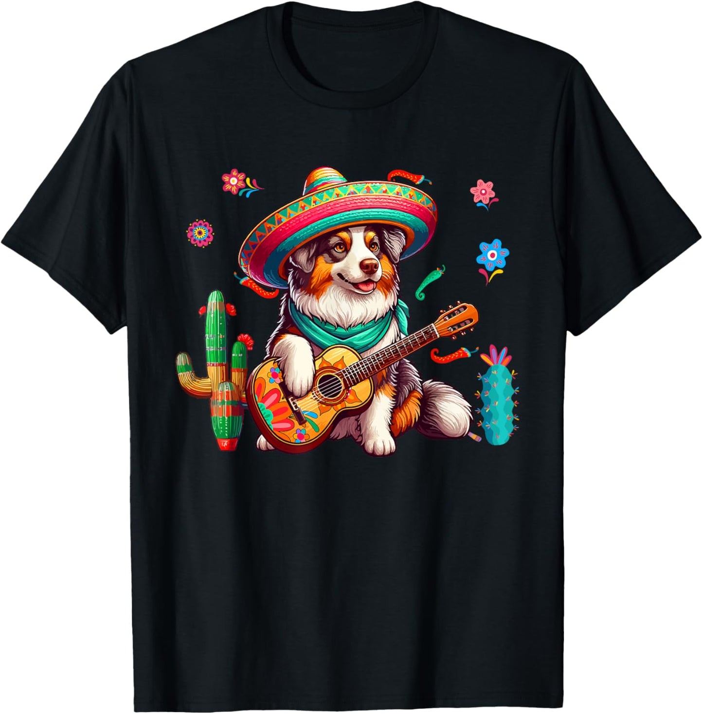 Australian Shepherd Sombrero Mexican Guitar Cinco De Mayo T-Shirt