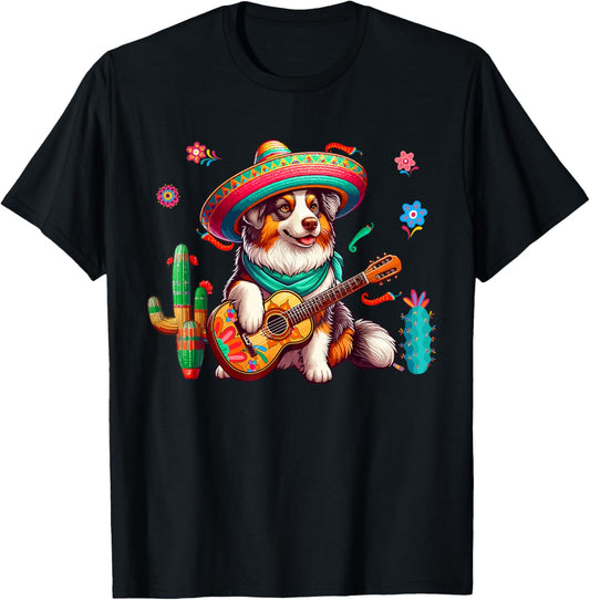 Australian Shepherd Sombrero Mexican Guitar Cinco De Mayo T-Shirt