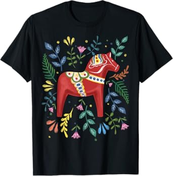 Swedish Dala Horse Folk Art Sweden Flag Dalahelmsoljd T-Shirt