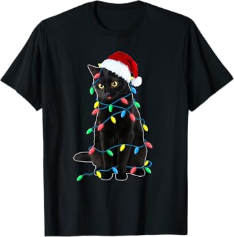 Black Cat Christmas Tree Lights Funny Santa Kitten Led Light Men Women Kids T-Shirt