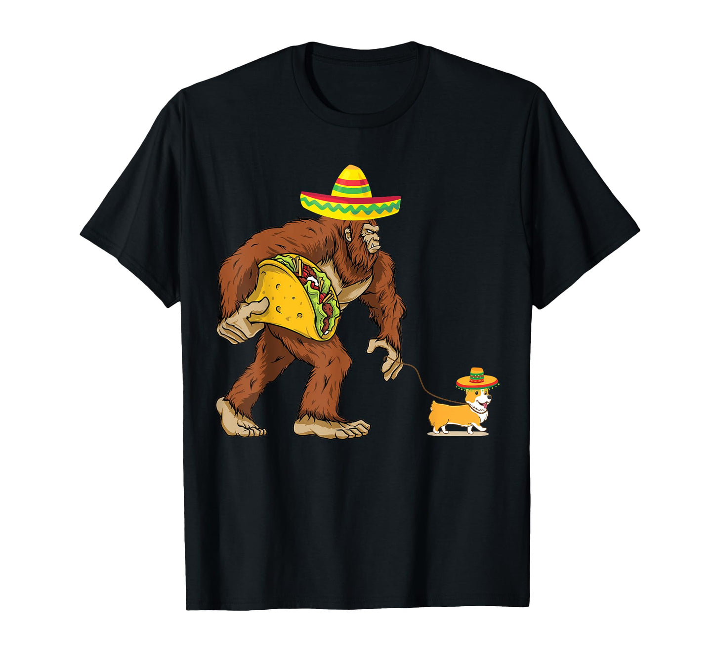 Bigfoot Steal Taco Corgi Dog Sombrero Cinco de Mayo Graphic Men Women Kids T-Shirt