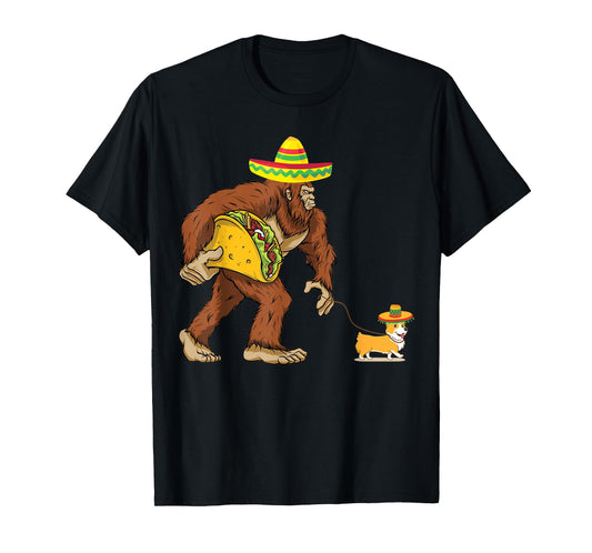 Bigfoot Steal Taco Corgi Dog Sombrero Cinco de Mayo Graphic Men Women Kids T-Shirt