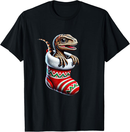 Cute Baby Velociraptor in Xmas Stockings Festive Dinosaur T-Shirt