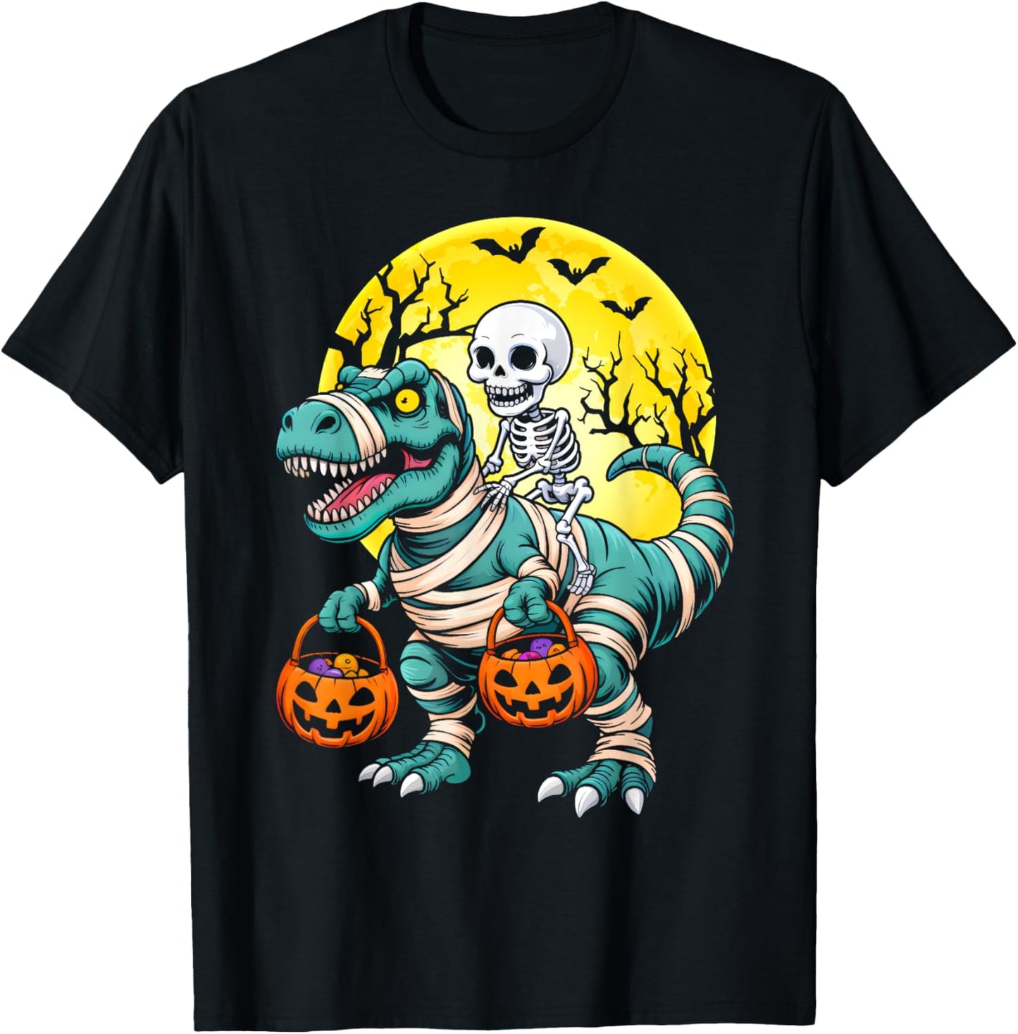 Skeleton Riding Mummy Dinosaur Candy Moon Pumpkin Halloween T-Shirt