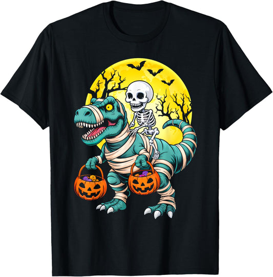 Skeleton Riding Mummy Dinosaur Candy Moon Pumpkin Halloween T-Shirt