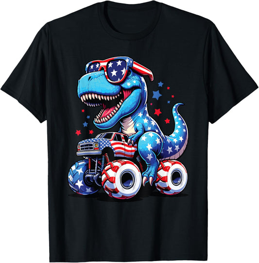 4th Of July T Rex Dino Trex Dinosaur Monster Truck Usa Flag Women Kids Men T-Shirt