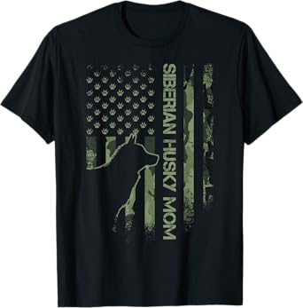 Vintage USA Camo Flag Proud Siberian Husky Mom Silhouette T-Shirt
