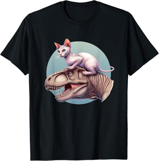 Humorous Sphynx Cat on a Dinosaur, Cat Mom Cat Dad Women Men T-Shirt