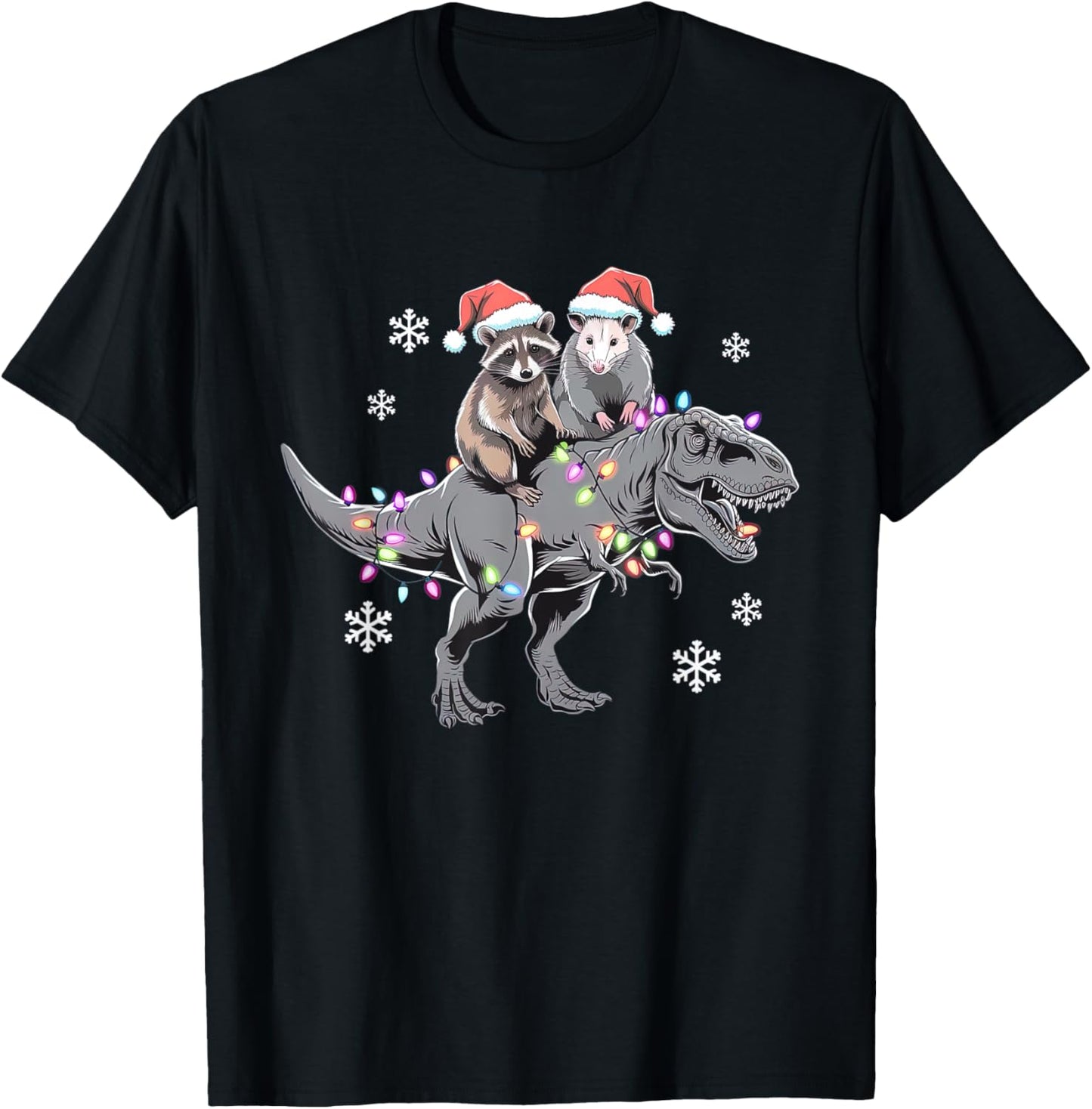 Funny Raccoon & Opossum Riding Dinosaur T-Rex Christmas T-Shirt