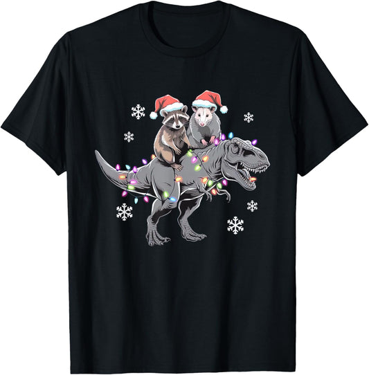 Funny Raccoon & Opossum Riding Dinosaur T-Rex Christmas T-Shirt