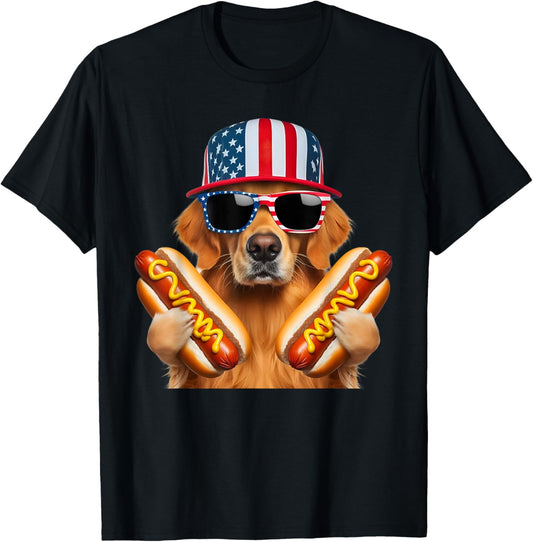 Golden Retriever Hotdog 4th of July American Flag Patriotic T-Shirt